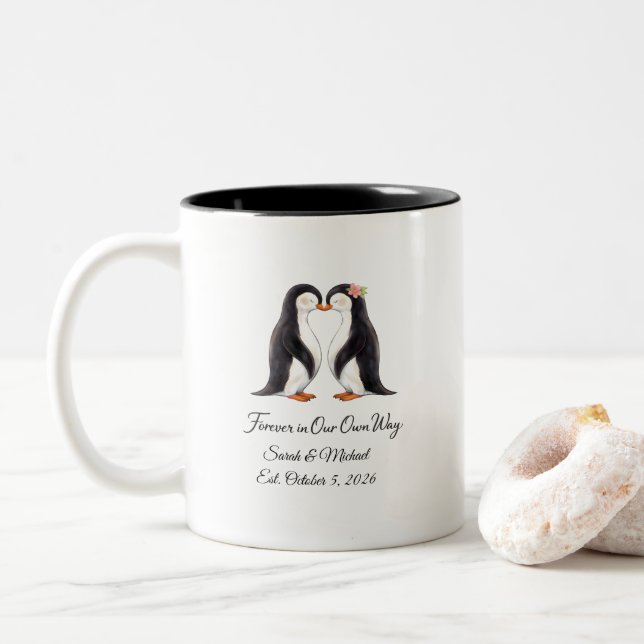 Custom Penguin Wedding Anniversary Mug (With Donut)