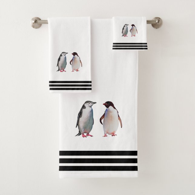 Custom Penguins & Three Black Stripes on White Bath Towel Set (Insitu)