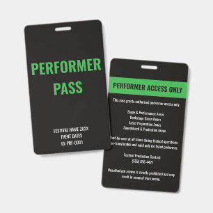 Custom Performer Artist Access Concert ID Green Badge