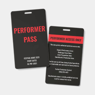 Custom Performer Artist Access Concert ID Red Badge