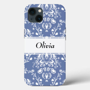 Custom Periwinkle Blue and White Damask iPhone 13 Case