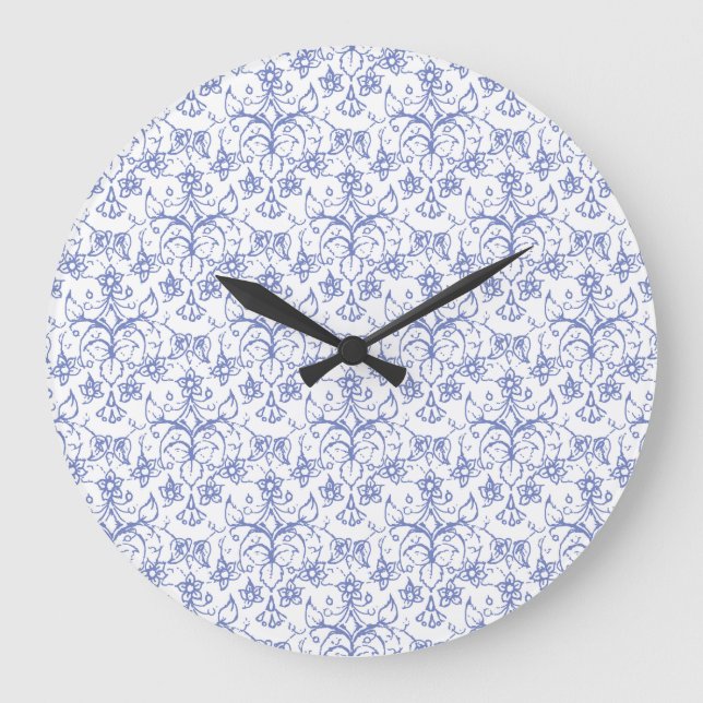 Custom Periwinkle Blue on White Decorative Floral Large Clock (Front)