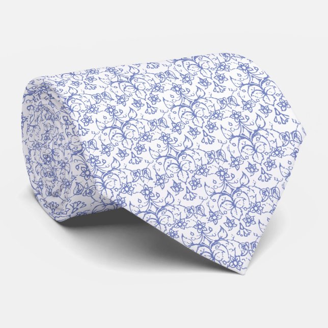 Custom Periwinkle Blue on White Decorative Floral Tie (Rolled)