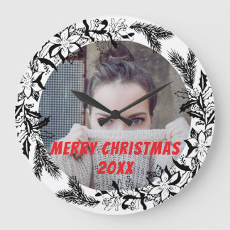 Custom Personal Christmas Photo Black Large Clock