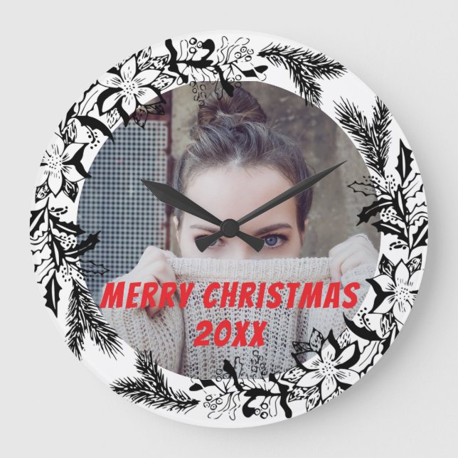 Custom Personal Christmas Photo Black Large Clock (Front)