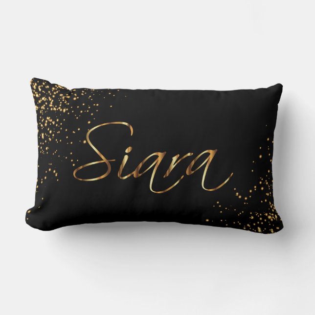 Custom-Personalise Black & Gold Script Font Design Lumbar Cushion (Front)