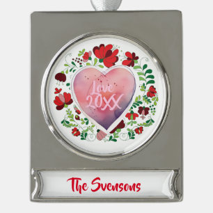 Custom Personalise Heart Shape Christmas Family Silver Plated Banner Ornament