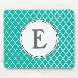 Custom personalise teal quatrefoil pattern monogra mouse pad
