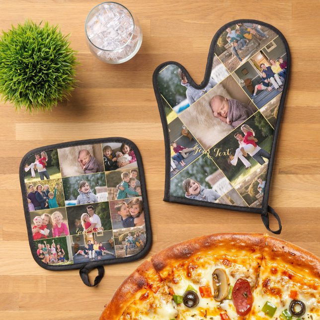 Custom Personalised 17 Photo Collage Gold Monogram Oven Mitt & Pot Holder Set (Custom Personalized 17 Photo Collage Gold Monogram Oven Mitt & Pot Holder Set)