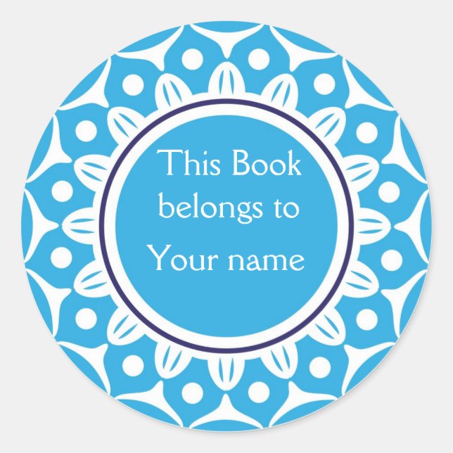 Custom Personalised Bookplates - Blue And White Classic Round Sticker (Front)