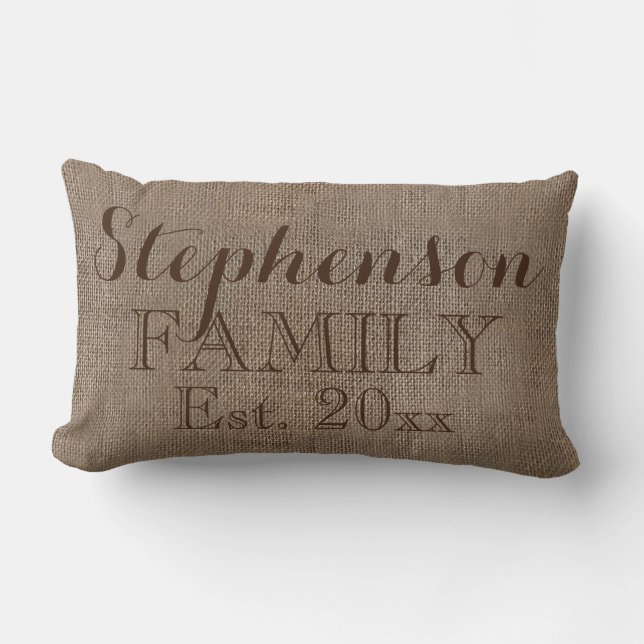 Custom Personalised Family Name Burlap Rustic Lumbar Cushion (Front)