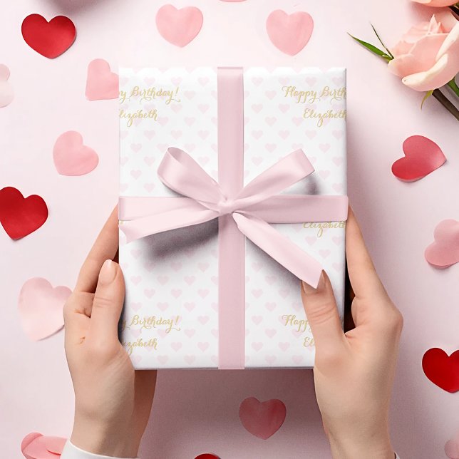 Custom Personalised Faux Gold Script Pink Hearts Wrapping Paper (Custom Personalized Faux Gold Script Pink Hearts Wrapping Paper)