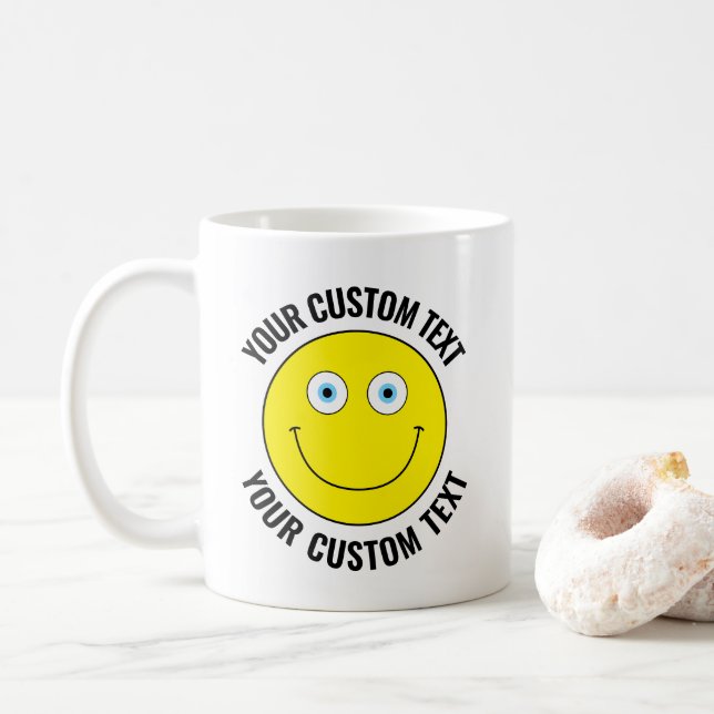 Custom Personalised Happy Face YELLOW, Blue Eyes Coffee Mug (With Donut)