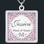 Custom Personalised Maid of Honour Necklace<br><div class="desc">Change the date, change the font if you like another better and then select your swirl colour by changing the background colour and you have an awesome bridal party gift or wedding jewellery! A calligraphic swirl background frames your Name, bridal party position and your monogram. To change the swirl colour...</div>