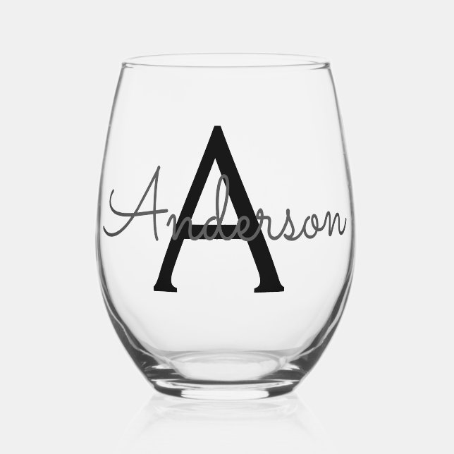 Custom personalised Monogram  Stemless Wine Glass (Front)