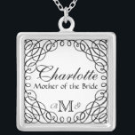 Custom Personalised Mother of the Bride Necklace<br><div class="desc">Change the date, change the font if you like another better and then select your background colour and you have an awesome bridal party gift or wedding jewellery! A black calligraphic swirl background is overlaid on any colour you select. To change the background colour simply select "Customise" and then "edit"...</div>