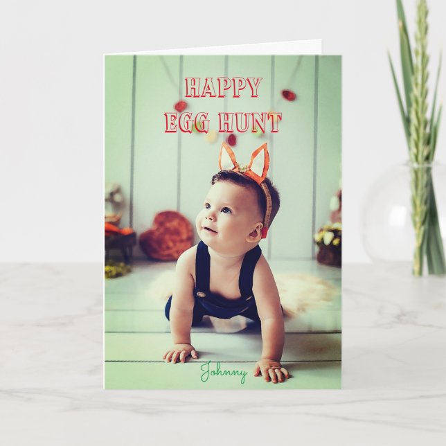 Custom Personalised Name HAPPY EGG HUNT Greetings Card (Front)