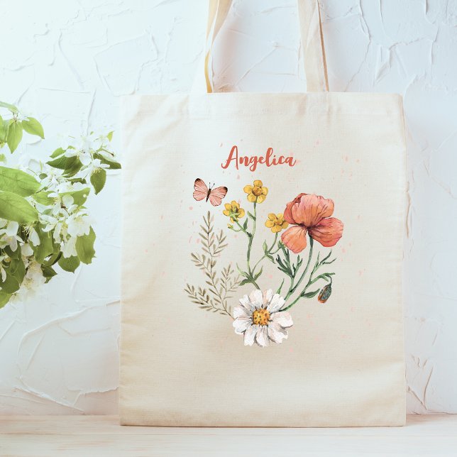 Custom Personalised Name Wildflower Floral  Tote Bag (Creator Uploaded)