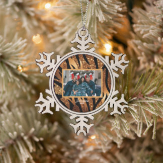 Custom Personalised Photo Ornament, Tiger Stripes Snowflake Pewter Christmas Ornament
