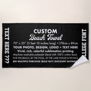 Custom Personalised Photo & Text Black Beach Towel