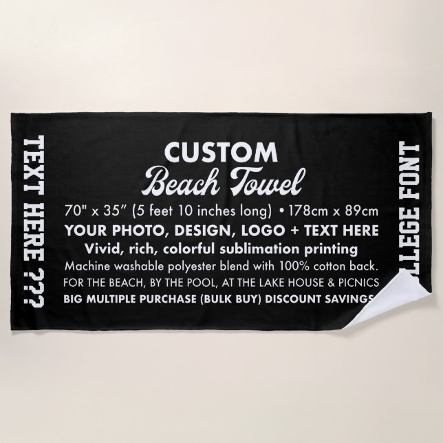 Custom Personalised Photo & Text Black Beach Towel (Front)