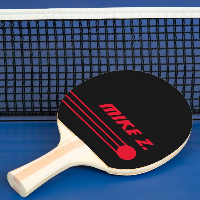 Custom Personalised Red Name on Black Ping Pong Paddle (Insitu)