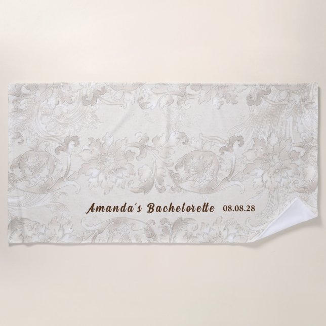 Custom Personalised White Floral Bachelorette  Beach Towel (Front)