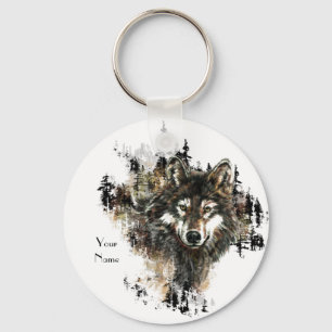 Custom, Personalised Wolf Mountain Animal art Key Ring