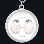 Custom Personalized happy Penguin Anniversary gift Silver Plated Necklace<br><div class="desc">Easy to customize - just change "J   M" to your own initials/names.  Great wedding/anniversary gift!</div>