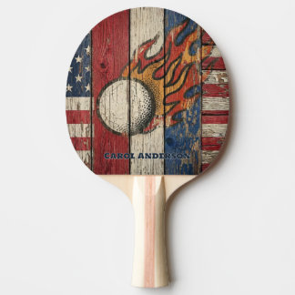 Custom Personalized Rustic Wood USA Flag Fire Ball Ping Pong Paddle