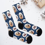 Custom Pet 2 Photo Navy Blue Paw Print Socks<br><div class="desc">Show your love for your puppy dog or cat with these fun and cosy custom-printed socks! Our premium crew socks feature a pattern of 2 favourite pet photos along with small white paw prints. Create your own by simply adding your picture to the two round placeholder images. Makes a great...</div>