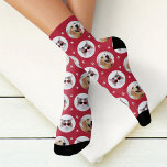Custom Pet 2 Photo Red Paw Print Socks<br><div class="desc">Show your love for your puppy dog or cat with these fun and cosy custom-printed socks! Our premium crew socks feature a pattern of 2 favourite pet photos along with small white paw prints. Create your own by simply adding your picture to the two round placeholder images. Makes a great...</div>