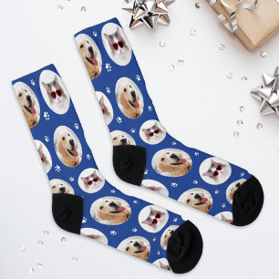 Custom Pet 2 Photo Royal Blue Paw Print Socks