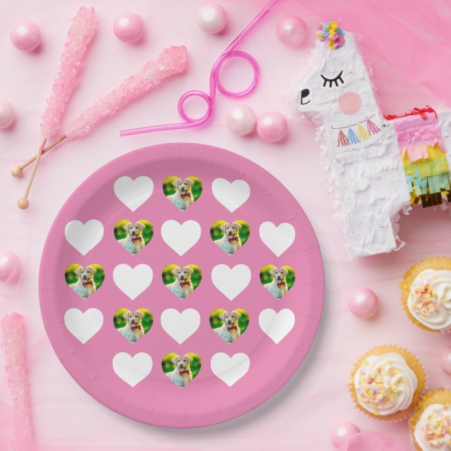 Custom Pet and Hearts Pattern Pink Paper Plate (Party)