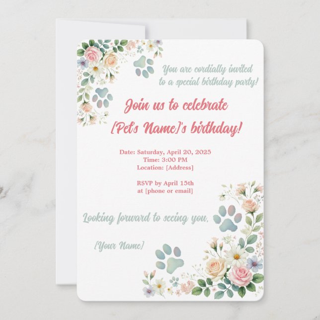 Custom Pet Birthday Invitation | Watercolor Floral (Front)