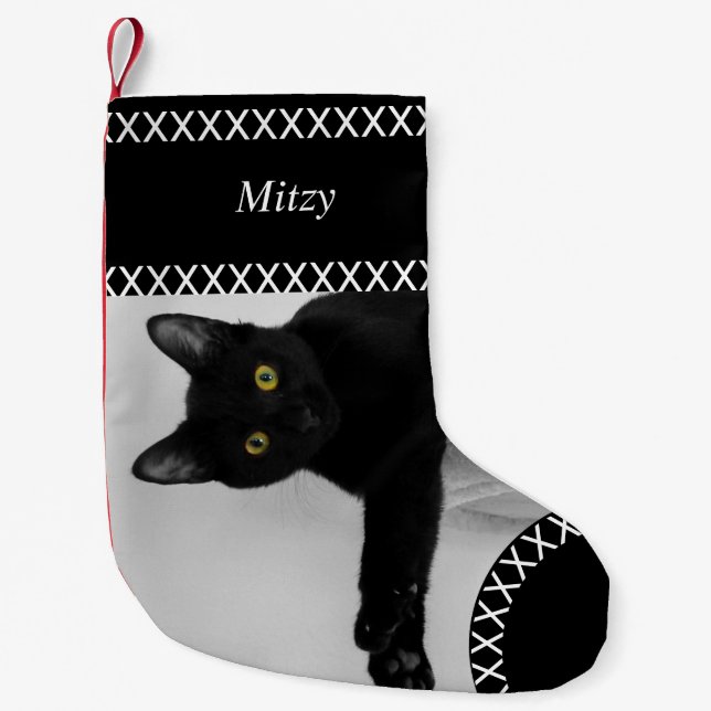 Custom Pet Black Cat photo Christmas black Small Christmas Stocking (Front)