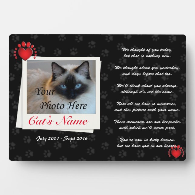 Custom Pet Cat Photo and Poem Memorial Plaque (Front)