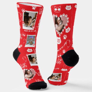 Custom Pet Cat Photo Collage Socks With Name
