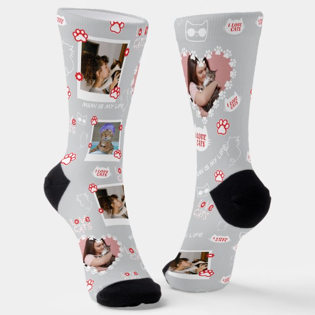 Custom Pet Cat Photo Collage Socks With Name (Angled)