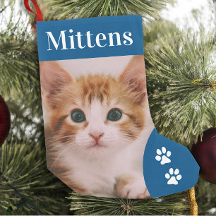 Custom Pet Cat Photo Holiday Blue Personalised Small Christmas Stocking