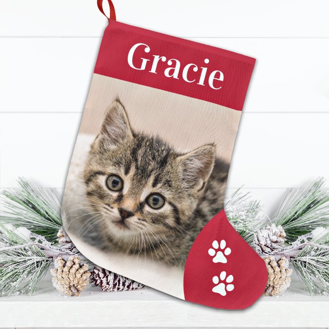 Custom Pet Cat Photo Holiday Red Personalised Large Christmas Stocking (Creator Uploaded)