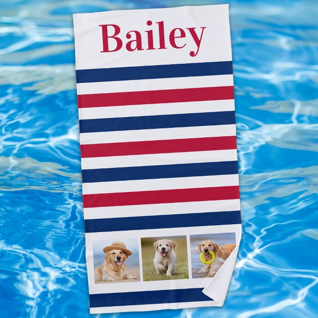 Custom Pet Dog 3 Photo Collage Red Blue Stripe Beach Towel (Creator Uploaded)
