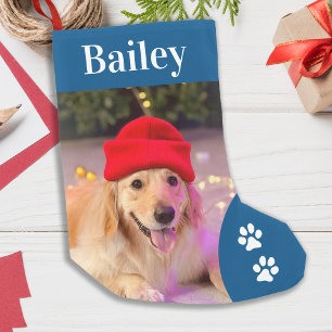 Custom Pet Dog Photo Holiday Blue Personalised Small Christmas Stocking