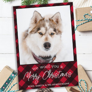 Custom Pet Dog Photo Merry Christmas Red Plaid Holiday Card