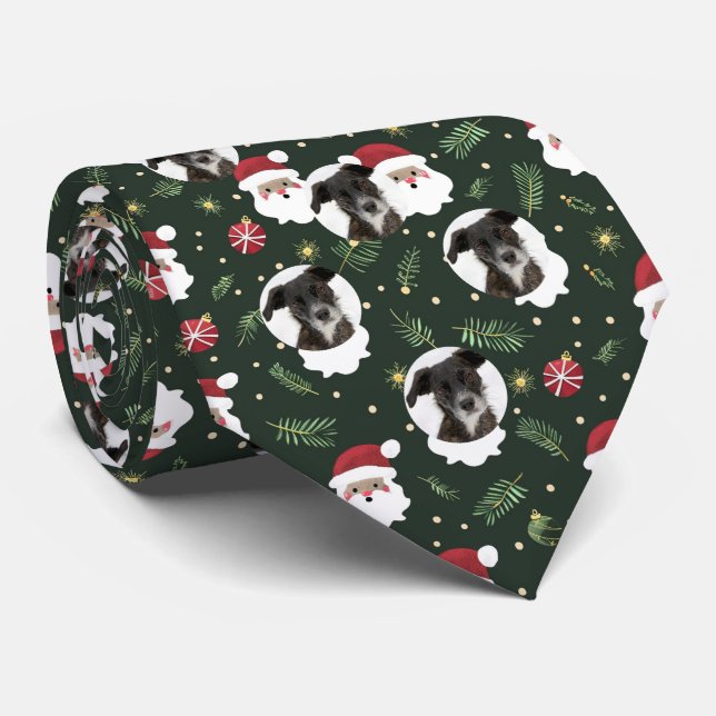 Custom Pet Dog Photo Santa Claus Pattern Green Tie (Rolled)