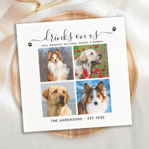 Custom Pet Dog Wedding 4 Photo Drinks On Us Bar Napkin