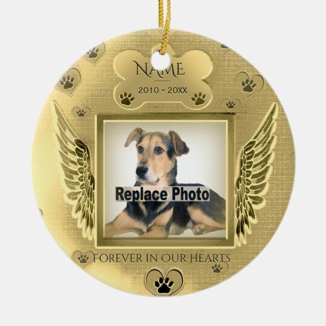 Custom Pet Memorial Gold Hearts Ceramic Tree Decoration (Front)