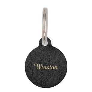Custom Pet Name Black Botanical Gold Script Pet Tag