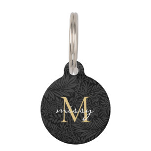 Custom Pet Name Black Botanical Gold Script Pet Tag