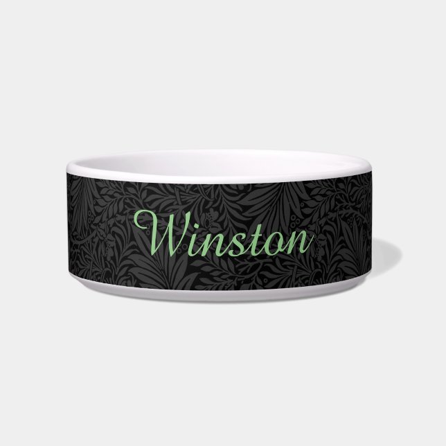 Custom Pet Name Black Botanical Green Script Bowl (Front)